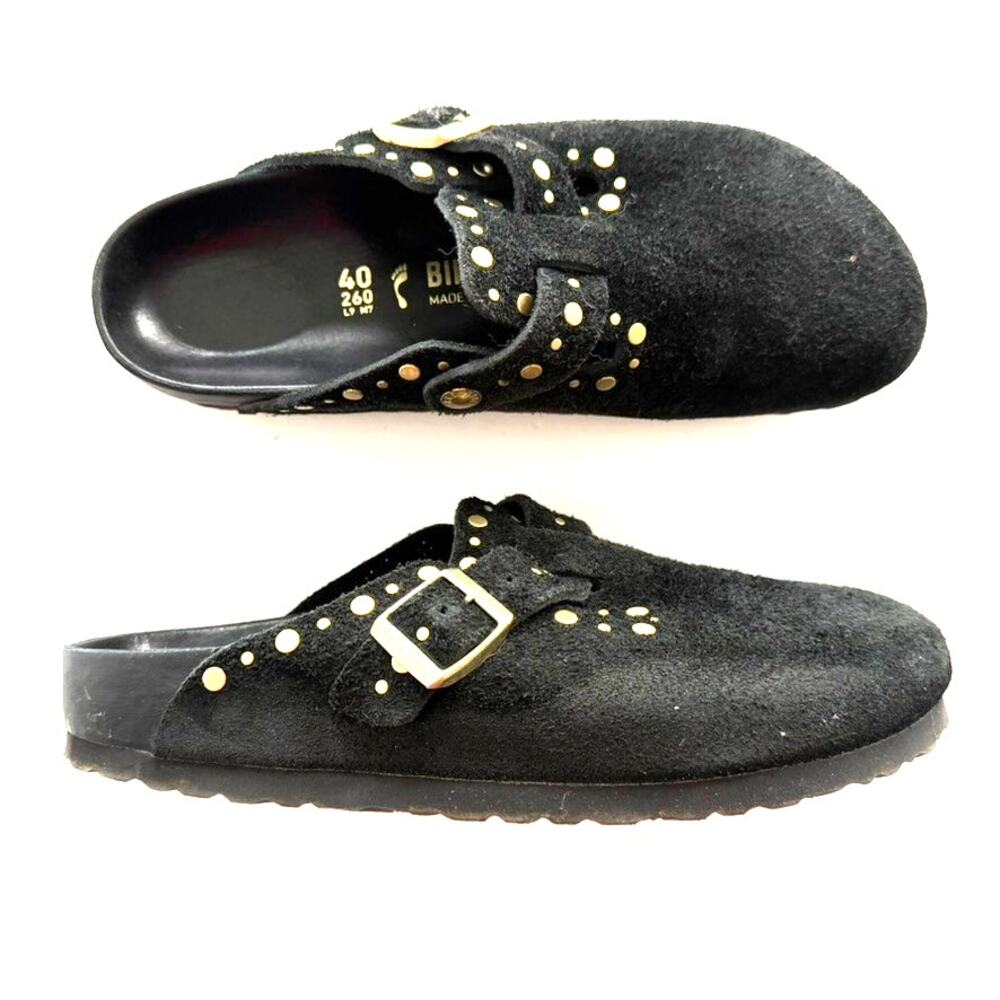 Birkenstock Boston Clog Rivets Black Suede Ltd. Ed. Size 40 Narrow Leather Bed - Picture 2 of 9